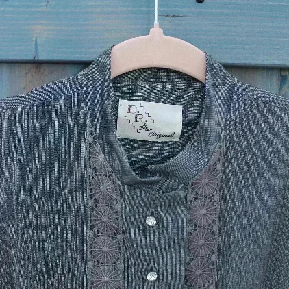 Vintage 1950s Day Dress Grey Pintuck Button Down Belted Rhinestone Button - Picture 10 of 10